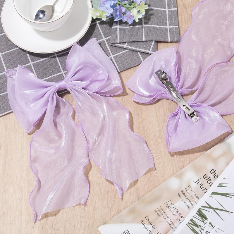 STSTR 2Pcs Large Hair Bow Clips, Purple Silk Yarn Ribbon Bow Hair Barrette for Women, Elegant Long Tail Bowknot French Hair Accessories for Wedding, Parties, Festivals - Image 3